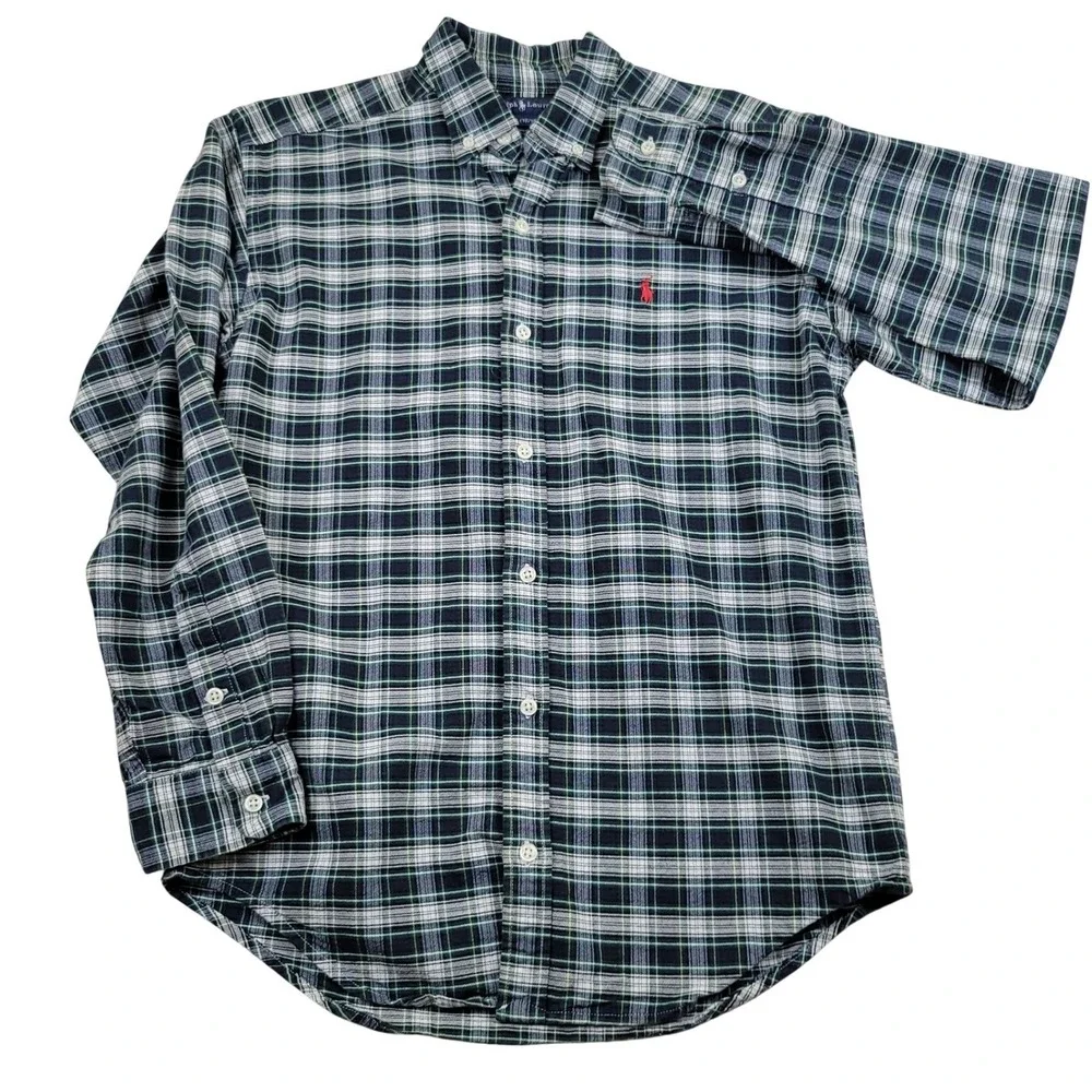 Ralph Lauren Button Down Shirt Boys L 16/18 Green Blue Plaid Long Sleeve